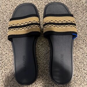 Rothy's Black and Gold Knit Slide Sandals
